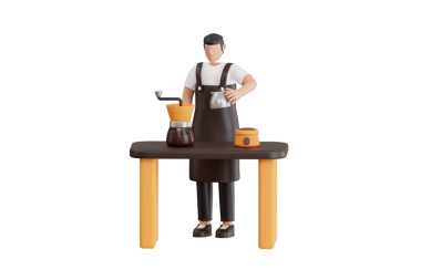 Barista, müşteri 3D illüstrasyon için kahve yapıyor. Kafe 'de kahve yapan erkek barista. 3d illüstrasyon