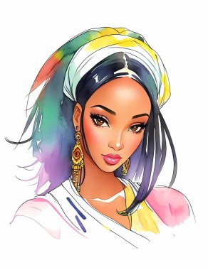 Sulu boya güzellik Afrikalı kadın. Resim moda illüstrasyon. Güzel kız beyaz arka plan üzerinde elle çizilmiş portresi