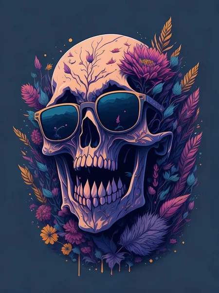 Детальна Ілюстрація Мертвий Череп Модних Сонцезахисних Окулярах Дизайн Футболки Квітка — стокове фото