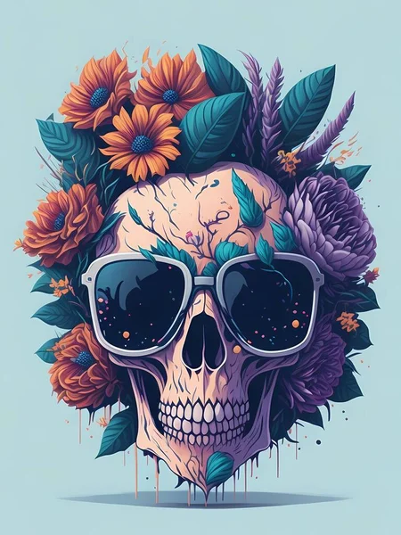 Detailed Illustration Dead Skull Wearing Trendy Sunglasses Shirt Design Flowers — Stock Photo, Image