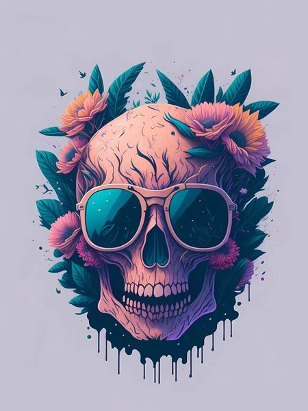 Детальна Ілюстрація Мертвий Череп Модних Сонцезахисних Окулярах Дизайн Футболки Квітка — стокове фото