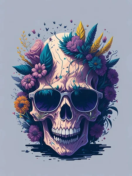 Detaljerad Illustration Dead Skull Bär Trendiga Solglasögon Shirt Design Blommor — Stockfoto