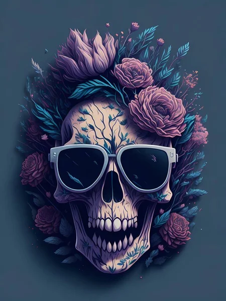 A detailed illustration a Dead Skull wearing trendy sunglasses, t-shirt design, flowers splash,