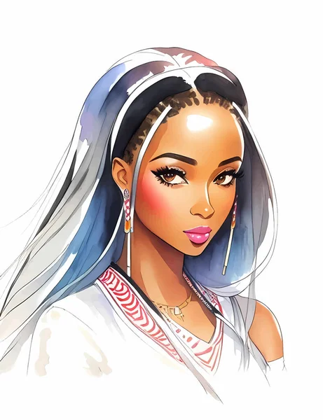 Aquarel Schoonheid Afrikaanse Vrouw Schilderij Mode Illustratie Hand Getekend Portret — Stockvector
