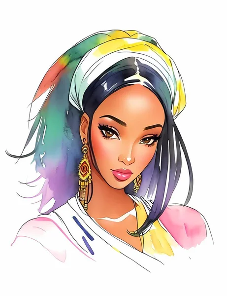 水彩の美しさのアフリカの女性 ファッション イラスト 白い背景できれいな女の子の肖像画を描かれた手 — ストックベクタ