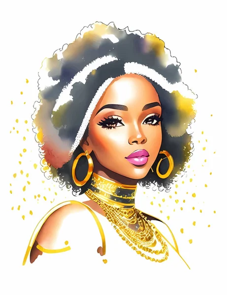 Watercolor Beauty African Woman Painting Fashion Illustration Hand Drawn Portrait — Stock Vector