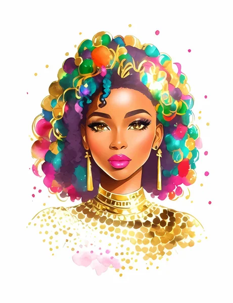 Watercolor Beauty African Woman Painting Fashion Illustration Hand Drawn Portrait — Stock Vector