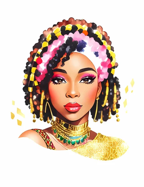 水彩の美しさのアフリカの女性 ファッション イラスト 白い背景できれいな女の子の肖像画を描かれた手 — ストックベクタ