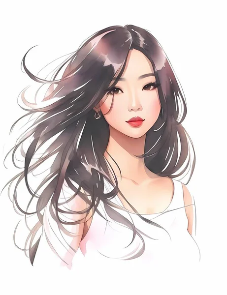Acuarela Mujer Asiática Ilustración Moda Pintura Retrato Dibujado Mano Chica — Vector de stock