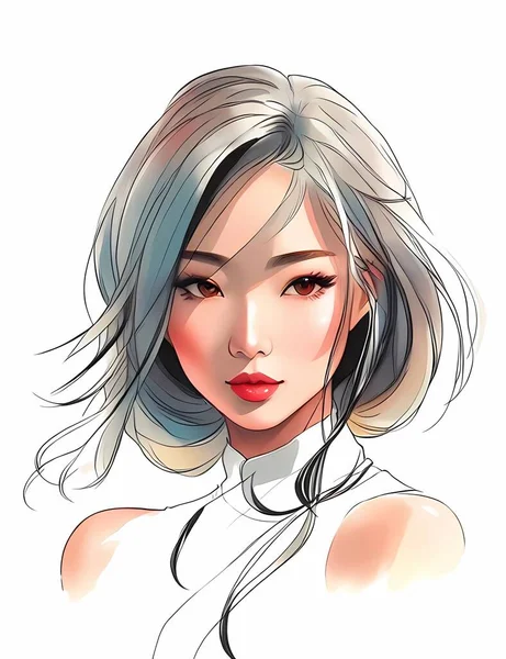 Asiatka Akvarel Malování Módní Ilustrace Ručně Kreslený Portrét Krásné Dívky — Stockový vektor