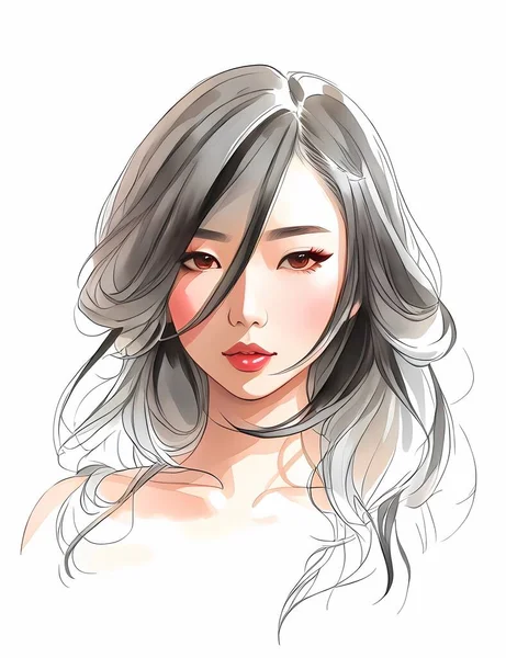 Acuarela Mujer Asiática Ilustración Moda Pintura Retrato Dibujado Mano Chica — Vector de stock