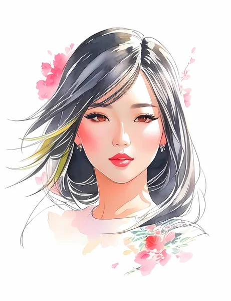 アジア系女性の水彩画 ファッションイラストを描く 手描かれた肖像画の美しいです女の子上の白い背景 — ストックベクタ