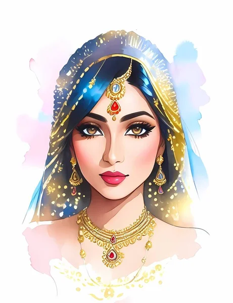 インド人女性の水彩画 ファッションイラストを描く 手描かれた肖像画の美しいです女の子上の白い背景 — ストックベクタ