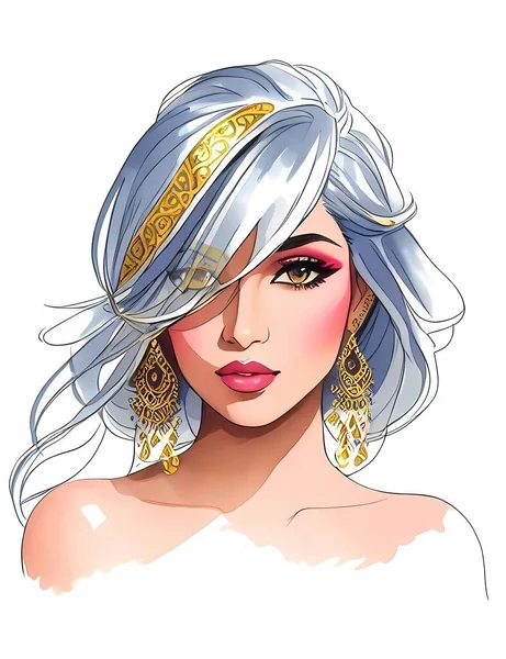 Watercolor Indian Woman Painting Fashion Illustration Hand Drawn Portrait Pretty — Stock Vector