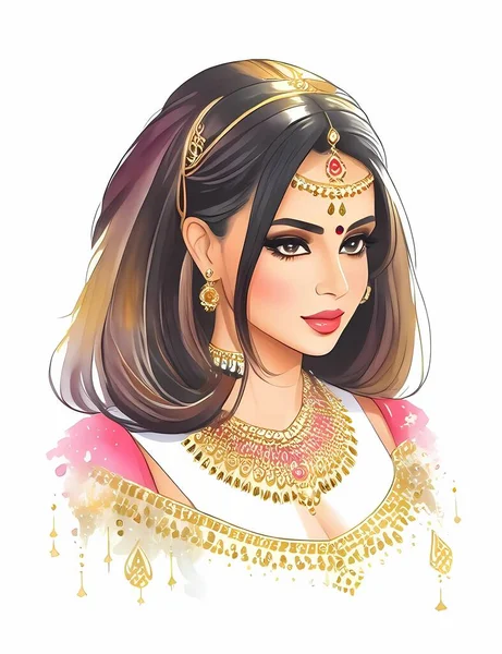 Hinduska Akwarela Malowanie Ilustracji Mody Ręcznie Rysowany Portret Ładnej Dziewczyny — Wektor stockowy