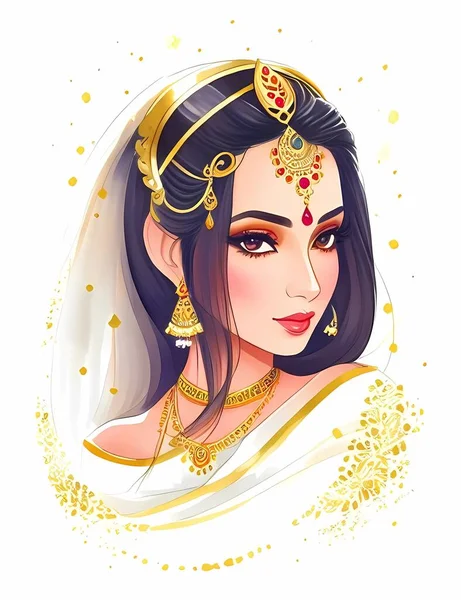 Watercolor Indian Woman Painting Fashion Illustration Hand Drawn Portrait Pretty — Stock Vector