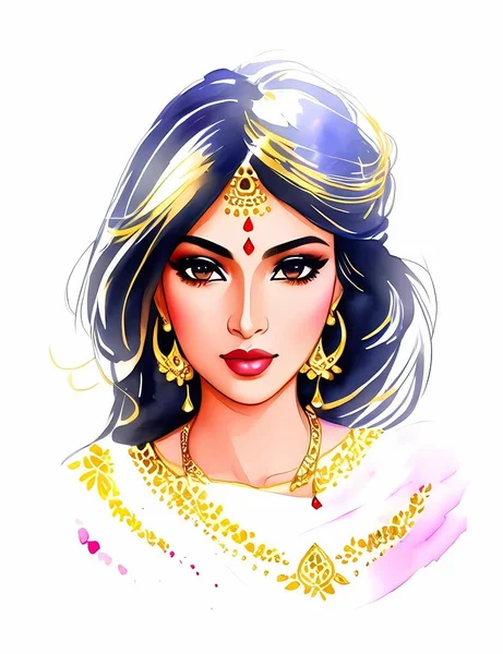 Watercolor Indian Woman Painting Fashion Illustration Hand Drawn Portrait Pretty — Stock Vector