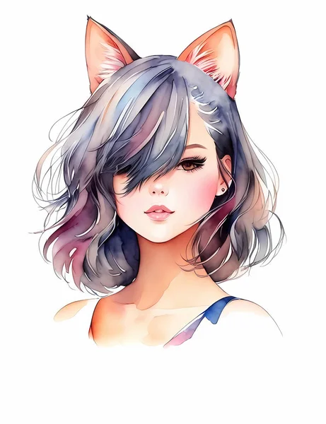Watercolor Cute Cat Girl — Stock Vector
