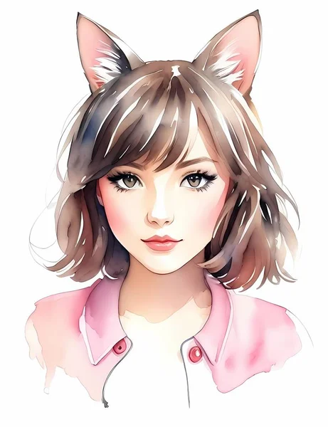 Watercolor Cute Cat Girl — Stock Vector