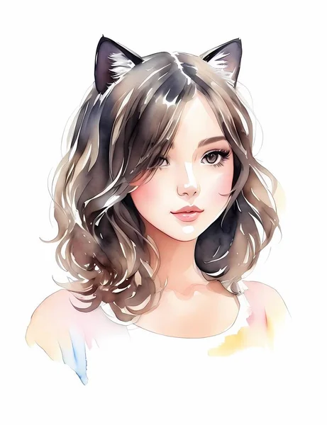水彩かわいい猫の女の子 — ストックベクタ