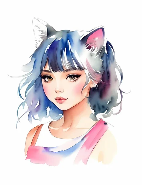 水彩かわいい猫の女の子 — ストックベクタ