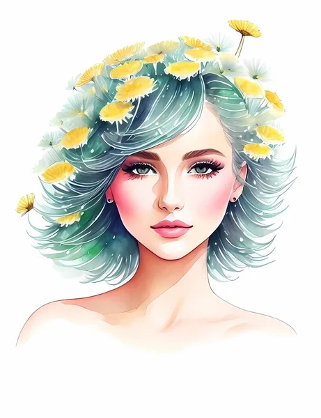 Gadis Dengan Ilustrasi Bunga Berwarna Warni - Stok Vektor