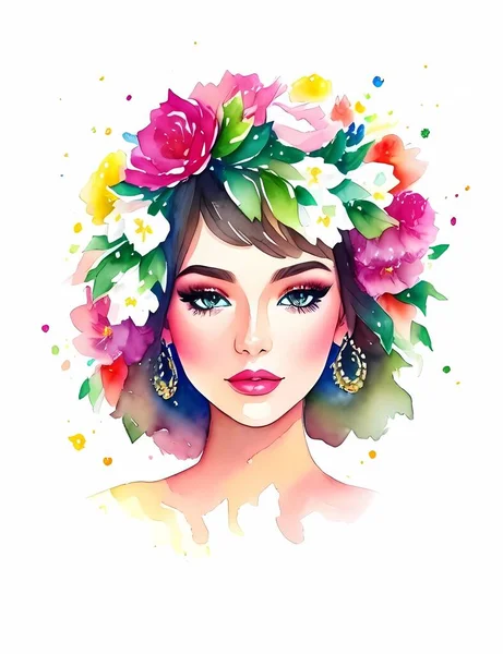 Gadis Dengan Ilustrasi Bunga Berwarna Warni - Stok Vektor