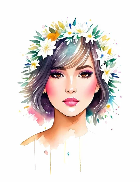 Menina Com Ilustração Flor Colorida — Vetor de Stock