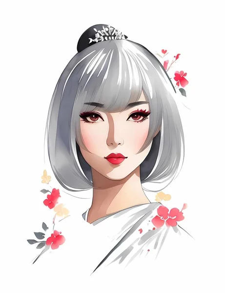 Portrait Japanese Geisha Woman Traditional - Stok Vektor