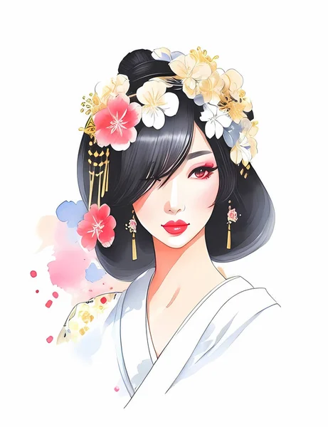 Ritratto Donna Giapponese Con Geisha Tradizionale — Vettoriale Stock