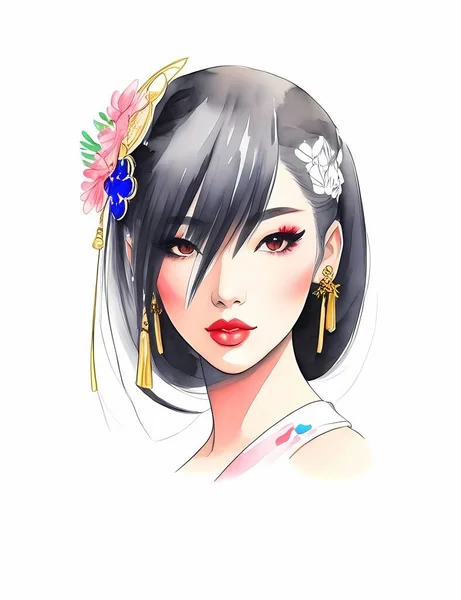 Portrait Japanese Geisha Woman Traditional - Stok Vektor