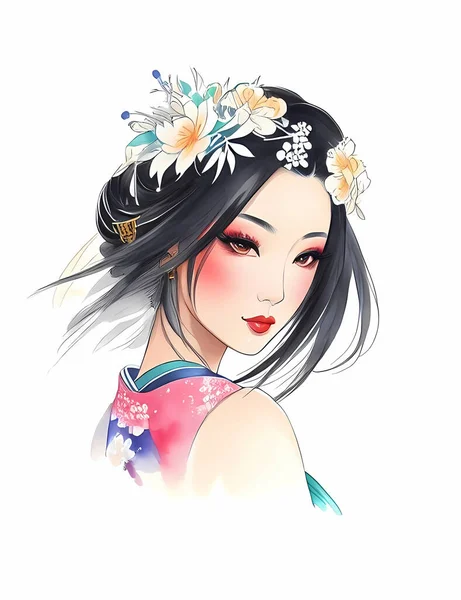 Porträt Der Japanischen Geisha Frau Mit Traditioneller — Stockvektor