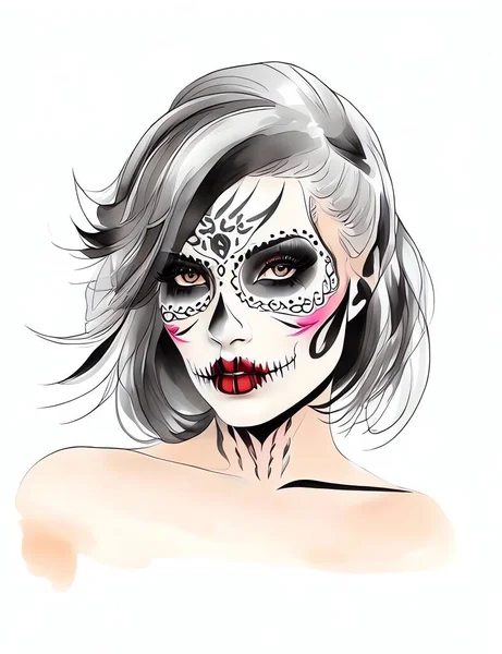 墨西哥死亡节当天的节日病媒海报海报和卡片上 有一位美容美发女子化妆骷髅女孩的脸 — 图库矢量图片