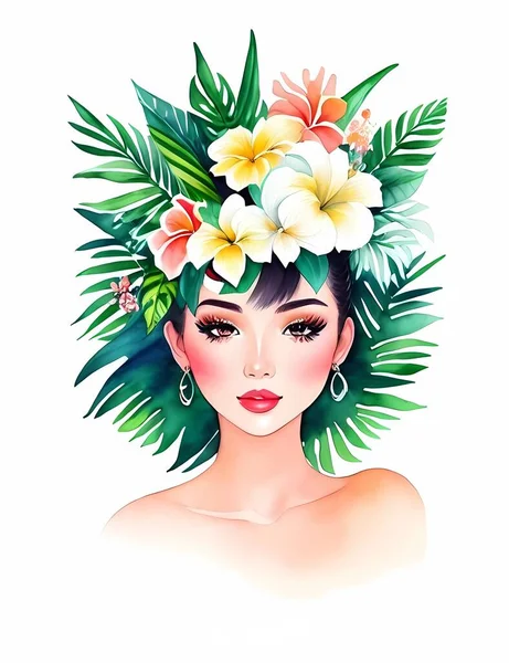 Woman Flowers Tropical Leaves Abstract Watercolor — Stock Vector