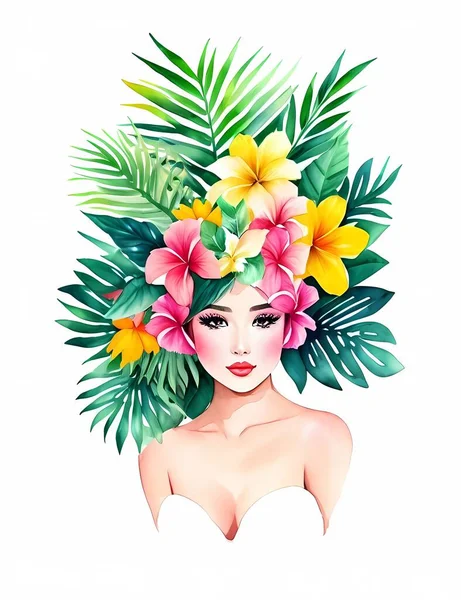 Женщина Цветы Тропические Листья Абстрактные Акварель — стоковый вектор