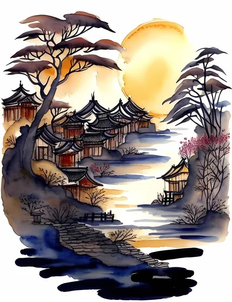 Chinesische Tusche Landschaft Malerei Landschaft Illustration Orientalische Kunst Tusche Und — Stockvektor