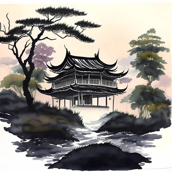 Pintura Paisaje Tinta China Pintura Paisaje Tinta Ilustración Paisaje Arte — Vector de stock