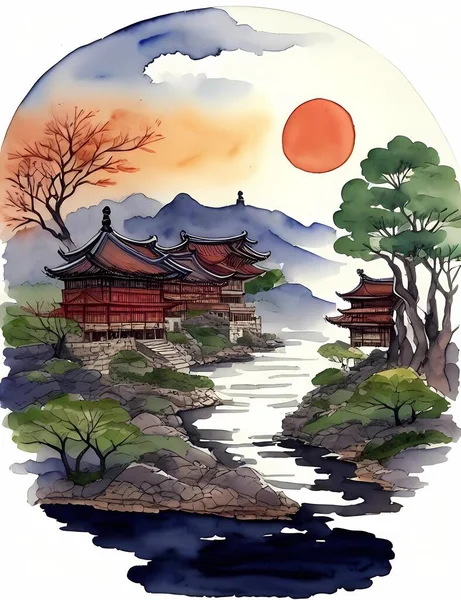 Chinese ink landscape painting Ink landscape painting Landscape illustration Oriental Art Ink and wash illustration Landscape background