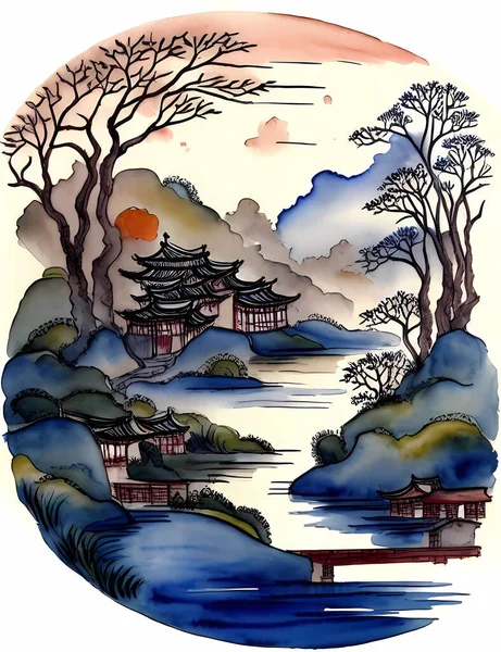 Tinta Chinesa Pintura Paisagem Tinta Paisagem Pintura Paisagem Ilustração Oriental —  Vetores de Stock