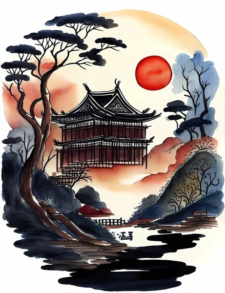 Tinta Chinesa Pintura Paisagem Tinta Paisagem Pintura Paisagem Ilustração Oriental —  Vetores de Stock