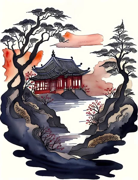 Kinesiska Bläck Landskap Målning Bläck Landskap Målning Landskap Illustration Orientalisk — Stock vektor