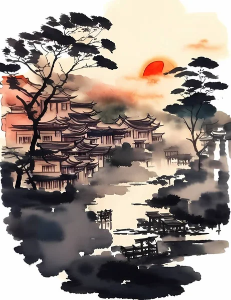 Encre Chine Peinture Paysage Encre Peinture Paysage Illustration Paysage Art — Image vectorielle