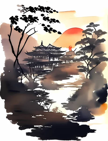 Chinese Inkt Landschap Schilderen Inkt Landschap Schilderen Landschap Illustratie Oosterse — Stockvector