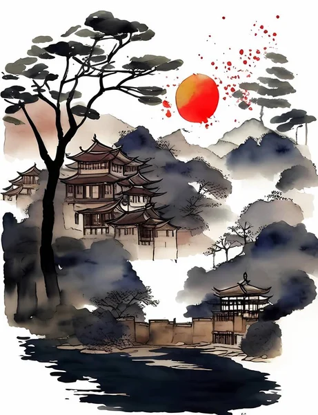 Κινέζικο Μελάνι Τοπίο Ζωγραφική Μελάνι Τοπίο Ζωγραφική Τοπίο Απεικόνιση Ανατολίτικη — Διανυσματικό Αρχείο