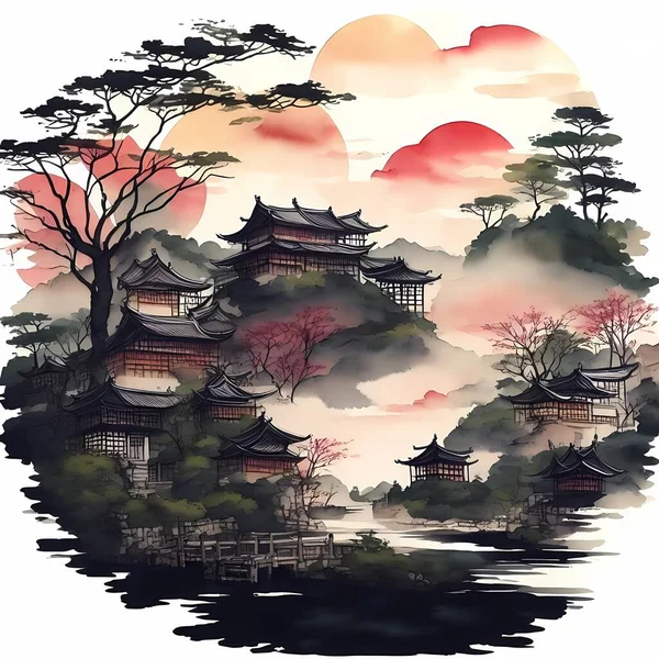 Encre Chine Peinture Paysage Encre Peinture Paysage Illustration Paysage Art — Image vectorielle