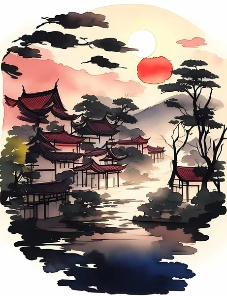 Kinesiska Bläck Landskap Målning Bläck Landskap Målning Landskap Illustration Orientalisk — Stock vektor
