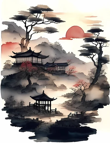 Tinta Chinesa Pintura Paisagem Tinta Paisagem Pintura Paisagem Ilustração Oriental — Vetor de Stock