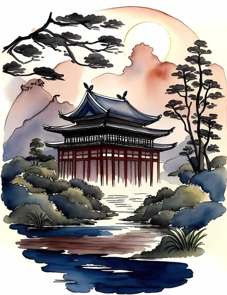 Tinta Chinesa Pintura Paisagem Tinta Paisagem Pintura Paisagem Ilustração Oriental — Vetor de Stock