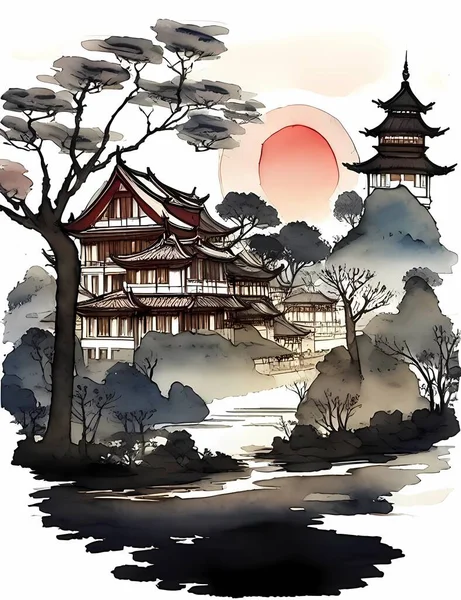 stock vector Chinese ink landscape painting Ink landscape painting Landscape illustration Oriental Art Ink and wash illustration Landscape background