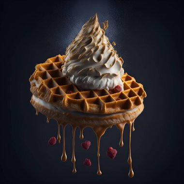 Havada yüzen dondurmalı leziz bir waffle.